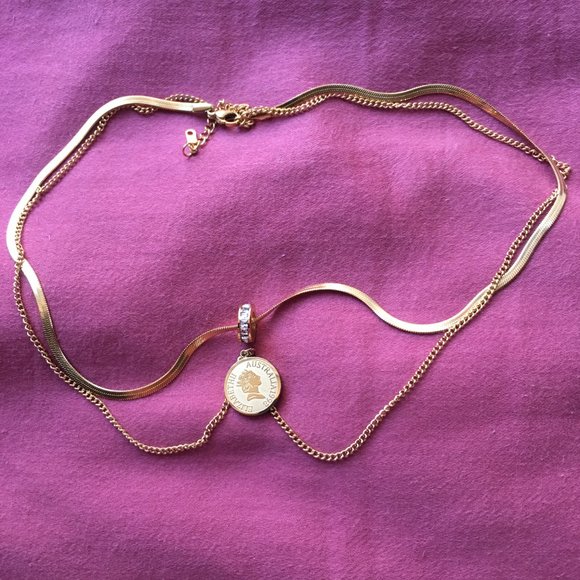 Stainless Steel Gold Plated Double Chain Charm Pendant Necklace - Picture 3 of 9